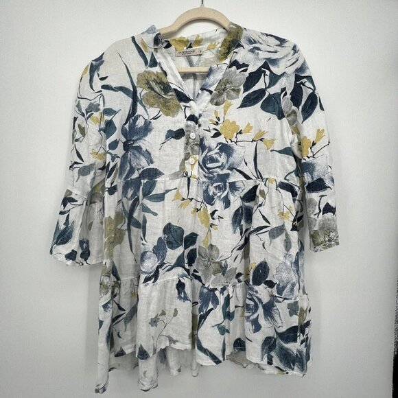 Valentina Naldi Italy Linen Top Sz M Floral Blue 1/2 Bell Sleeve Ruffle Artsy - Picture 1 of 13